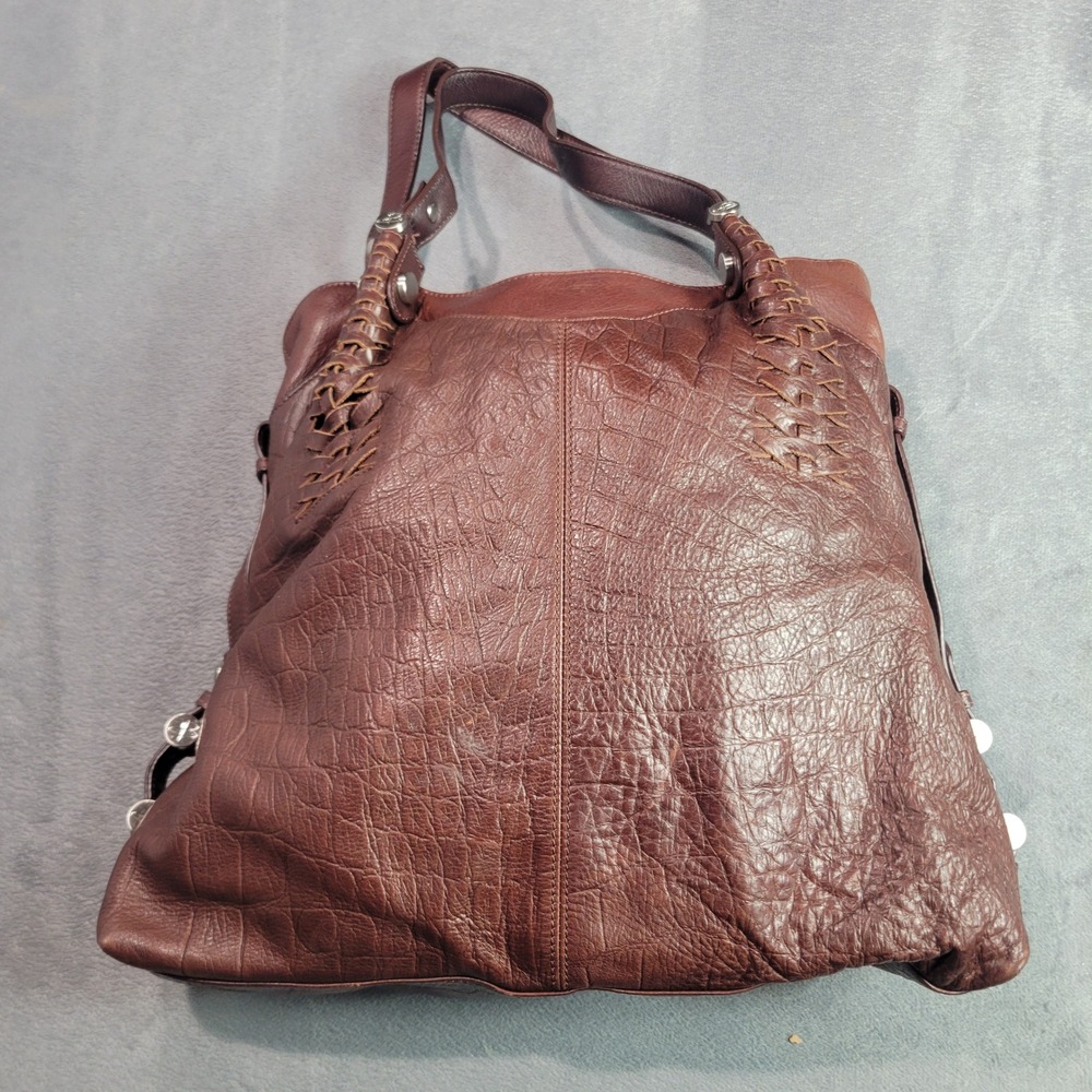 B Makowsky Hobo Bag Womens Large Brown Croc Embossed Leather Woven Boho Shoulder